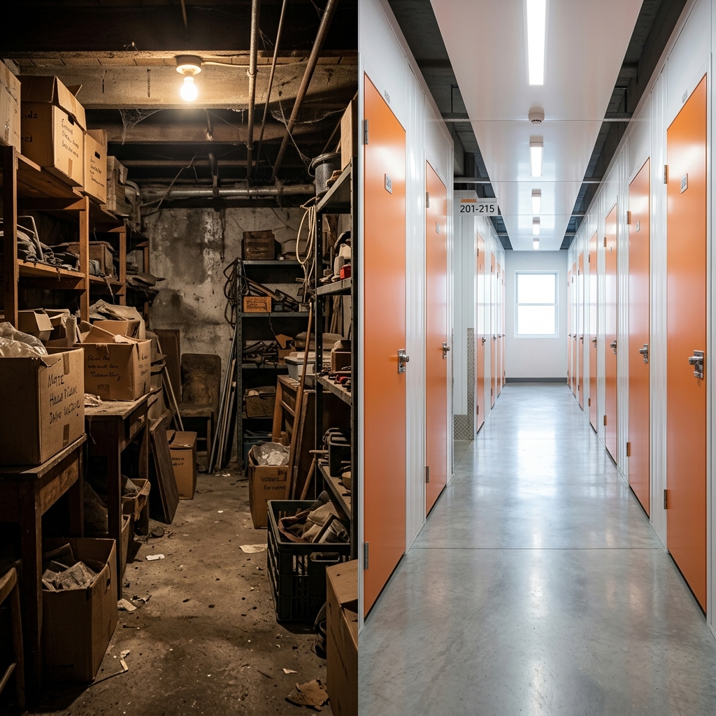 Imagen dividida mostrando un trastero desordenado tradicional frente a un pasillo moderno de self storage
